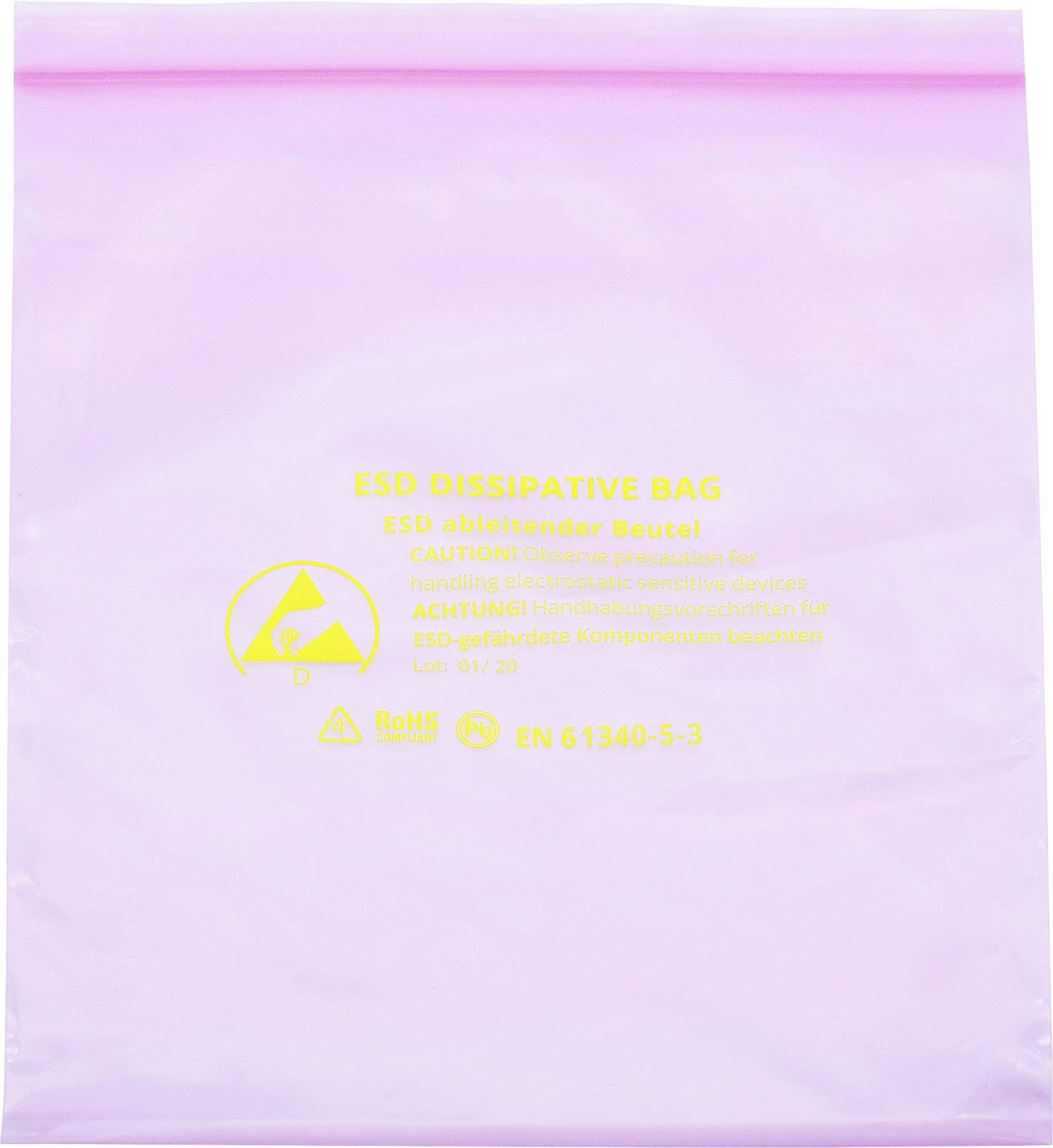 A pink ESD bag with a yellow inscription: 'ESD Dissipative Bag'. Warns of electrostatic discharge for sensitive equipment.