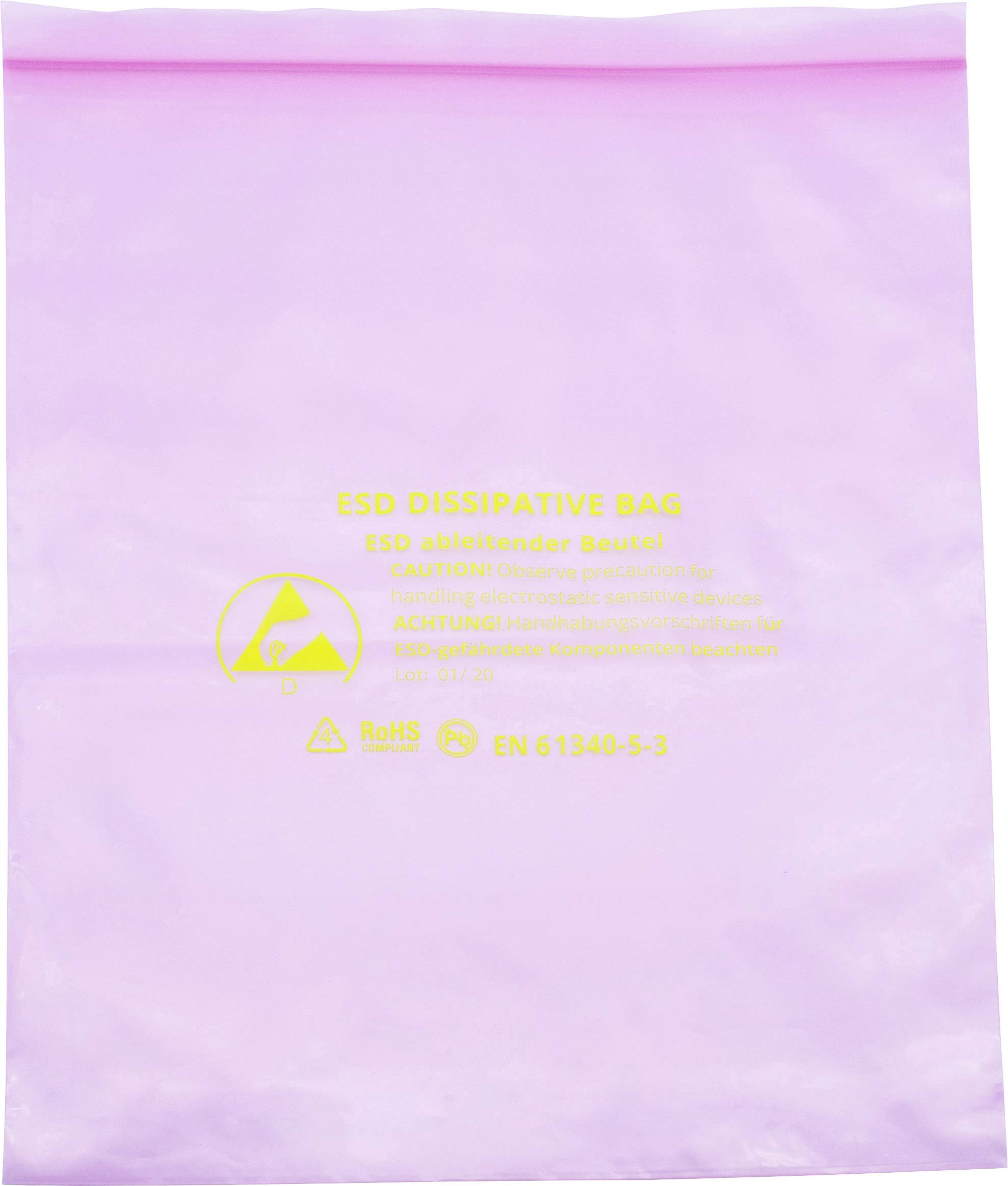 'Purple ESD dissipative bag with English and German warning notice advising caution when handling electronically sensitive devices.'