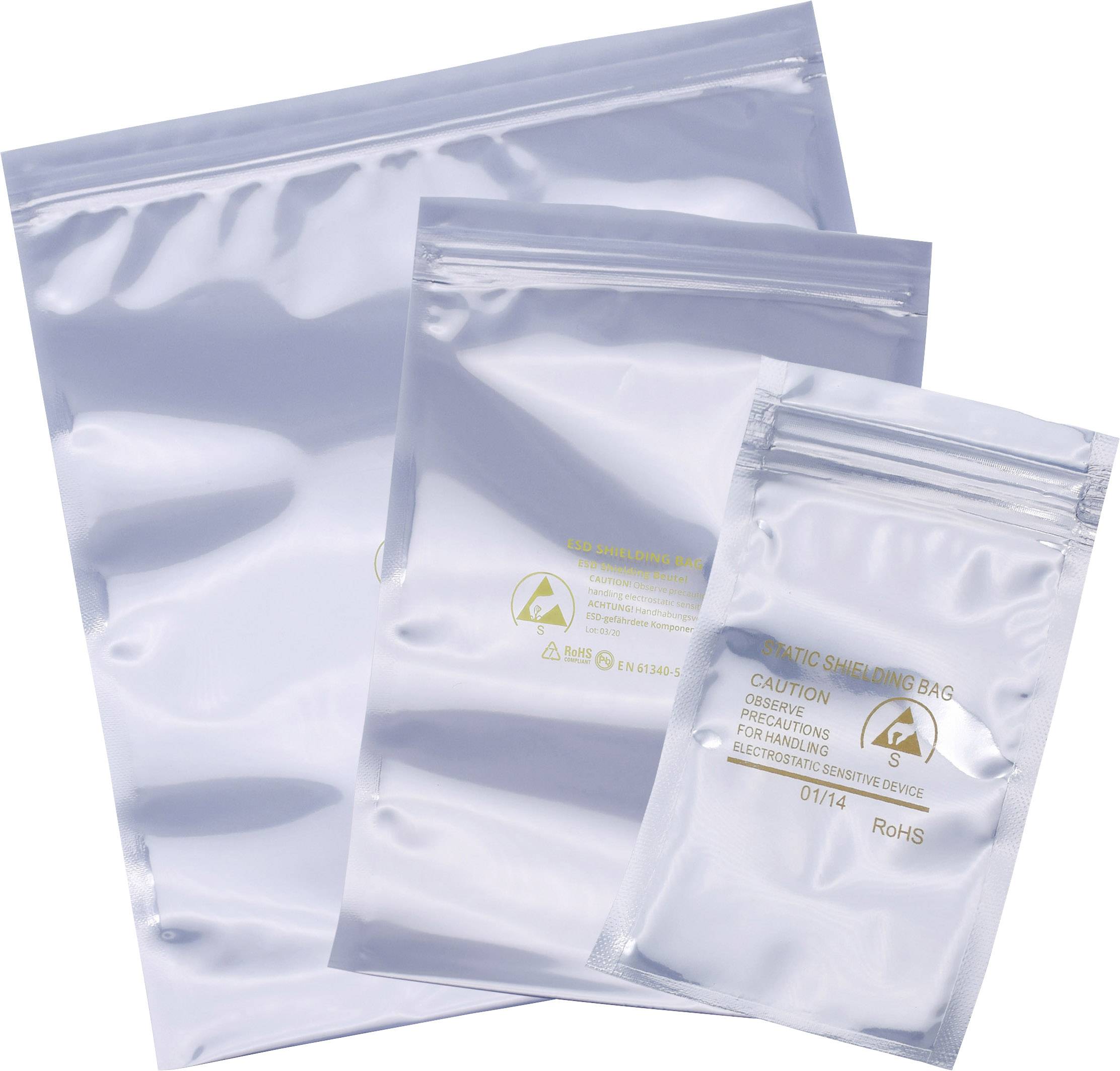 Three silver anti-static bags in various sizes are used to protect electronic devices from electrostatic discharge.