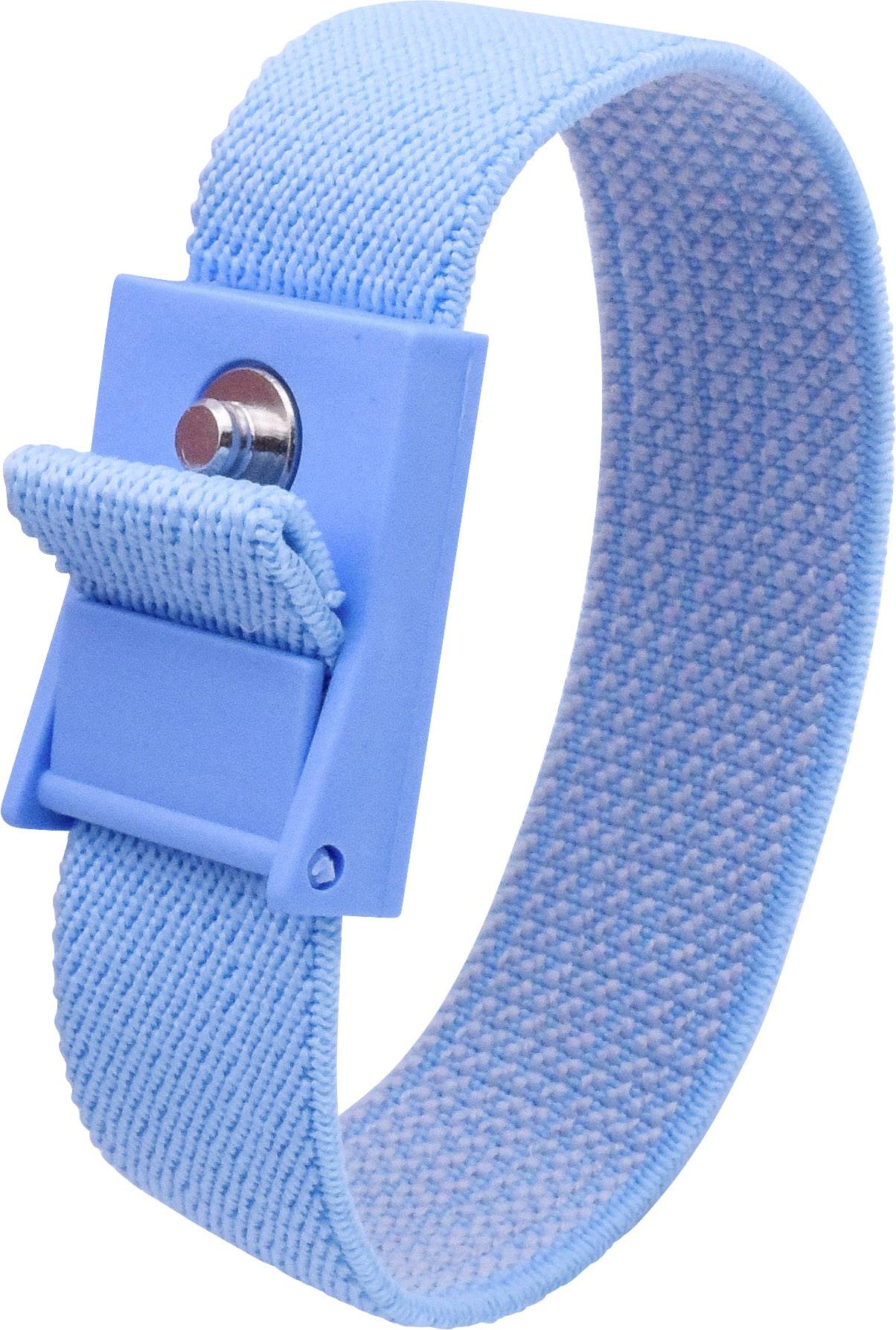 A blue anti-static wristband with an adjustable fastening, used for earthing when working with electronic devices.