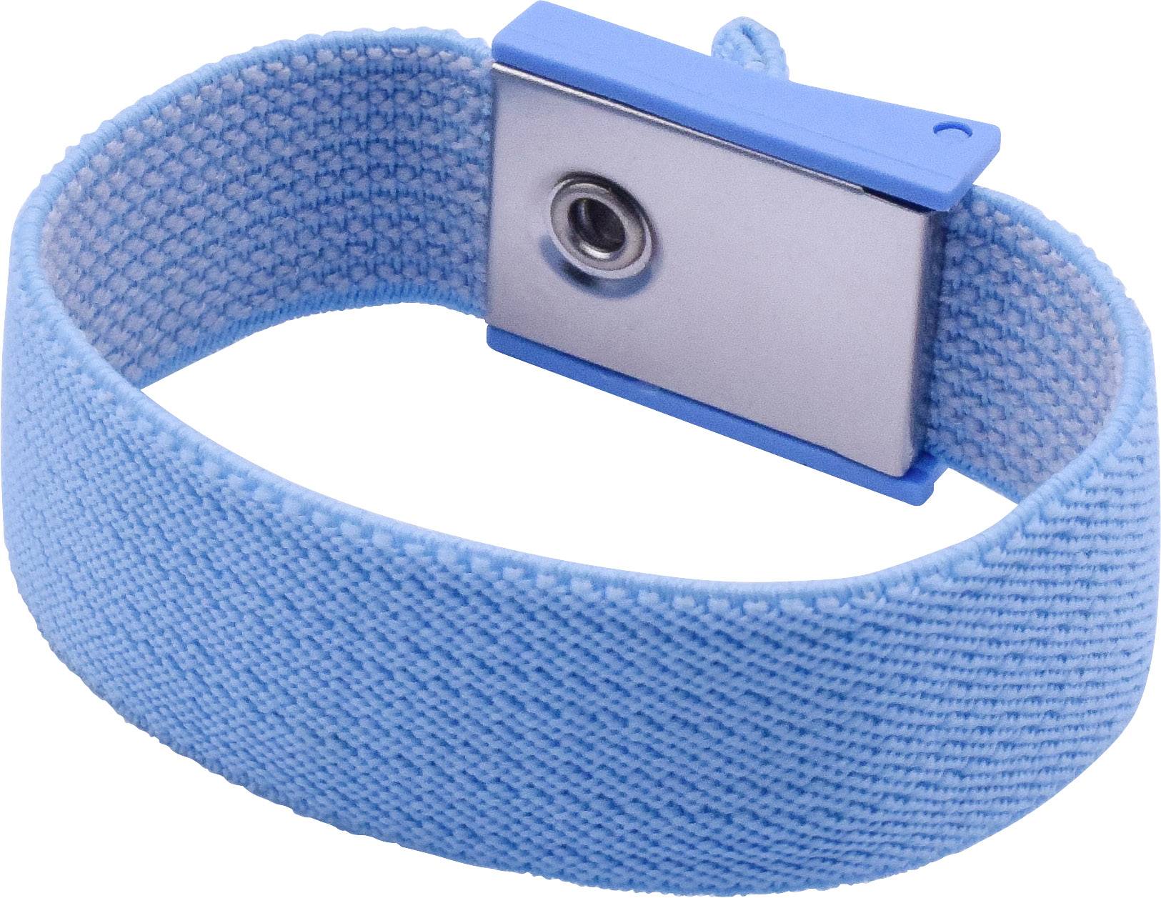 A blue anti-static wristband with a metal plate and press stud, used for discharging static electricity when working with electronics.
