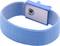 A blue anti-static wristband with a metal plate and press stud, used for discharging static electricity when working with electronics.