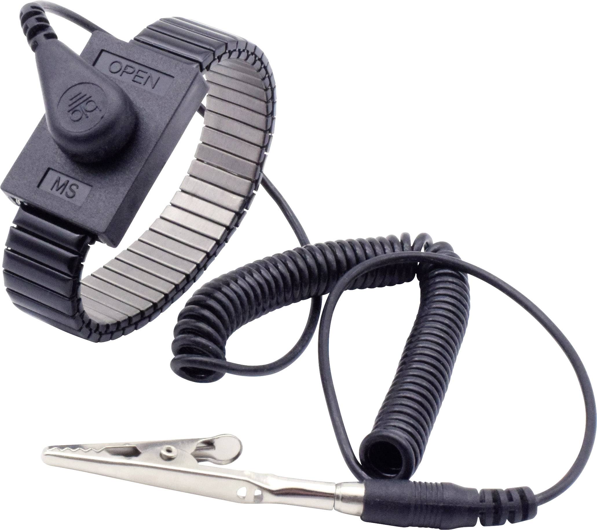 A wrist earthing/grounding strap with an elastic band and metal clip. Used for anti-static purposes during electronic repairs.