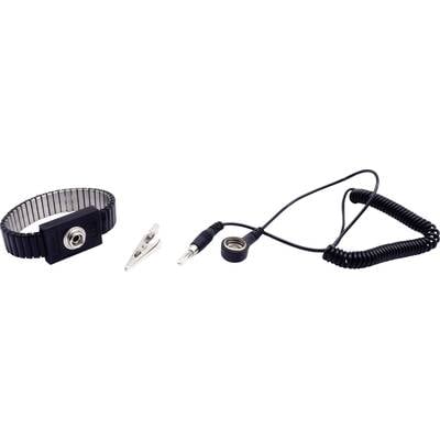 'Wrist strap with earthing cable and crocodile clip to prevent static electricity when working with electronics.'