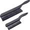 Two black combs of different sizes, lying side by side, with curved handles and dense bristles.