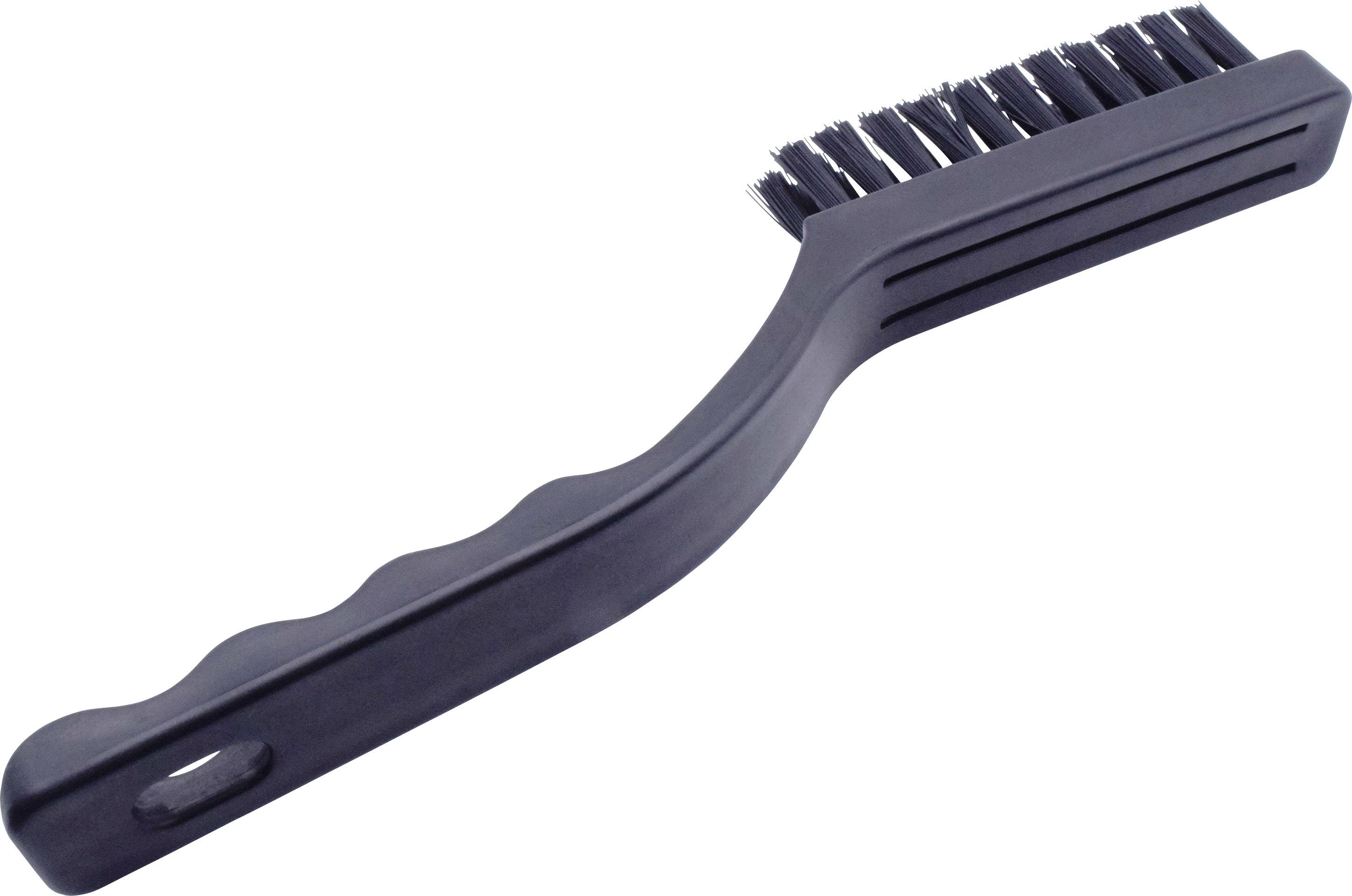 Black cleaning brush with a sturdy handle and densely packed bristles, suitable for cleaning surfaces or hard-to-reach areas.