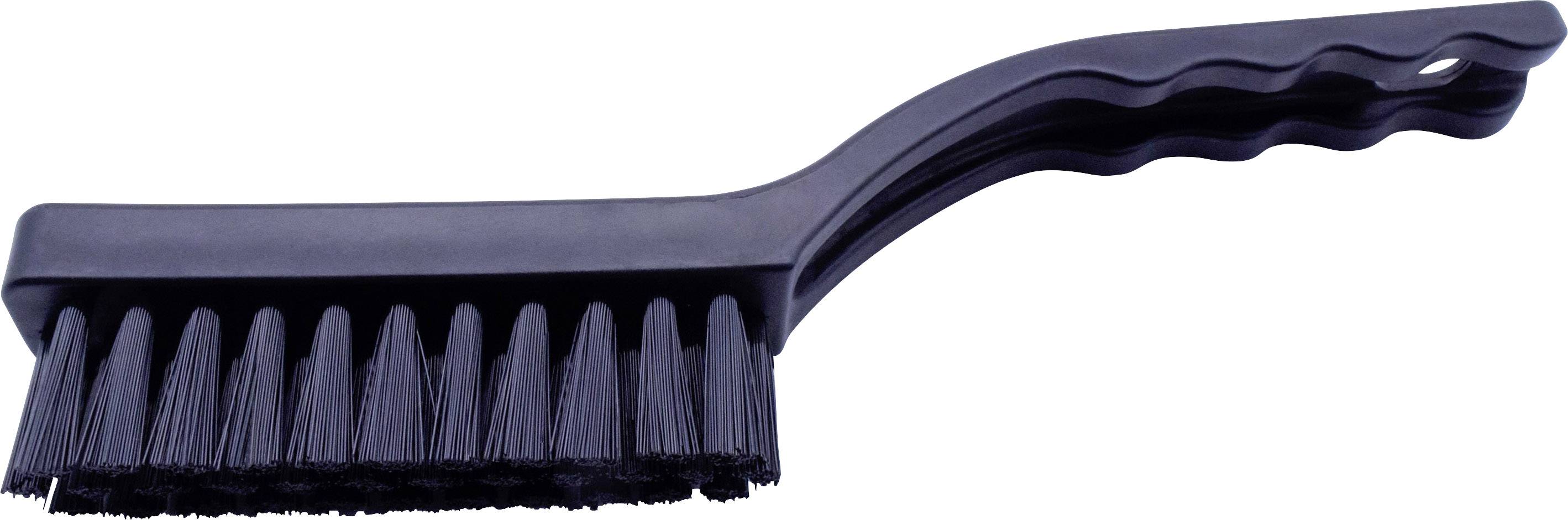 Black plastic brush with a short handle and dense bristles, suitable for cleaning surfaces or devices.