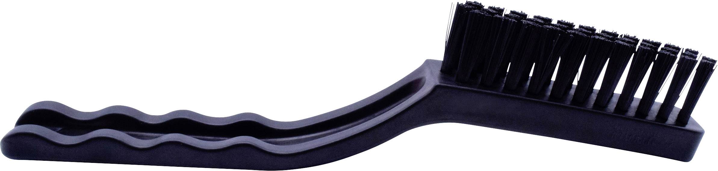 Black cleaning brush with a wavy handle and closely set bristles. Suitable for detailed cleaning work.