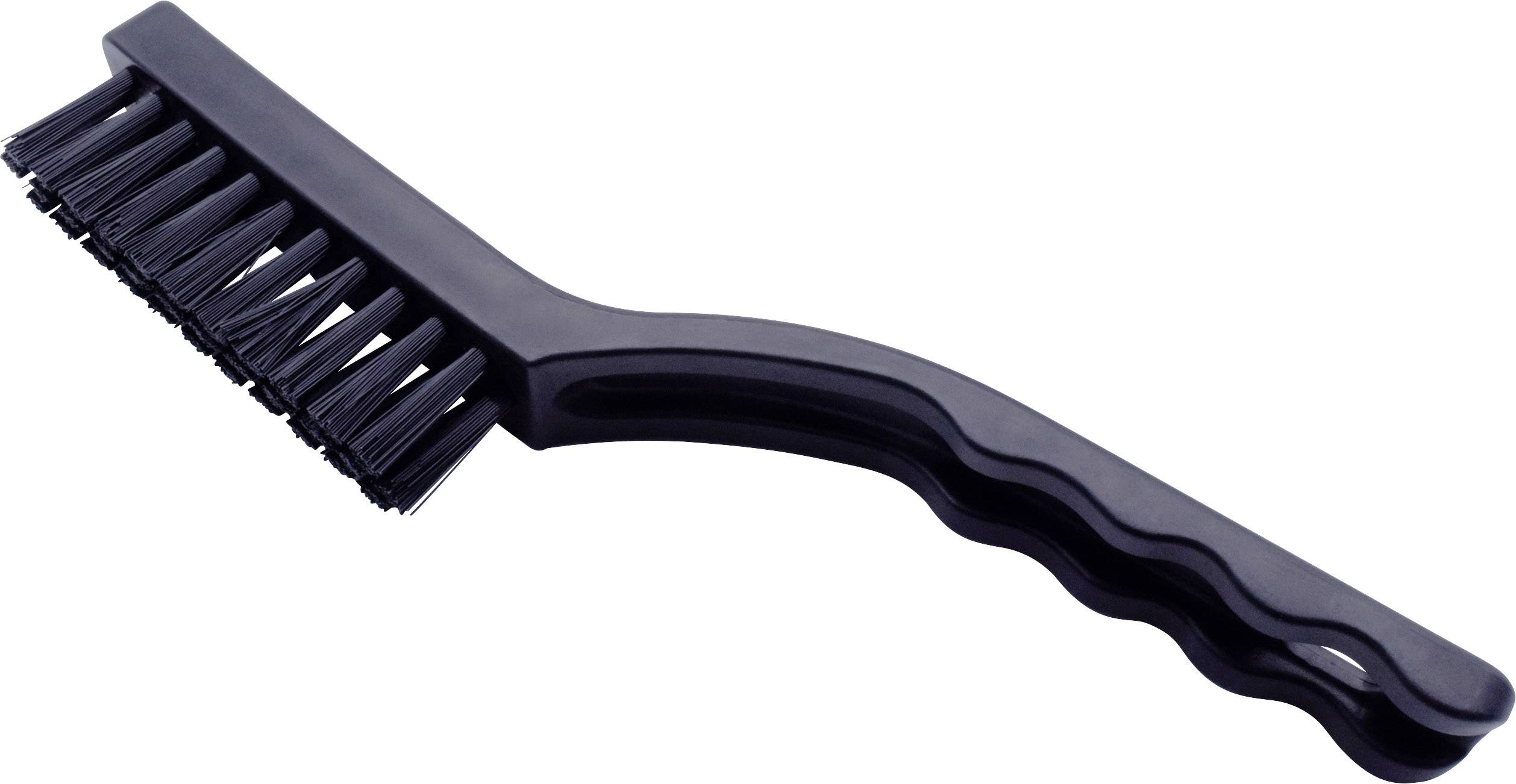 A black cleaning brush with a long, ridged handle and stiff, short bristles, suitable for heavy-duty surface cleaning.