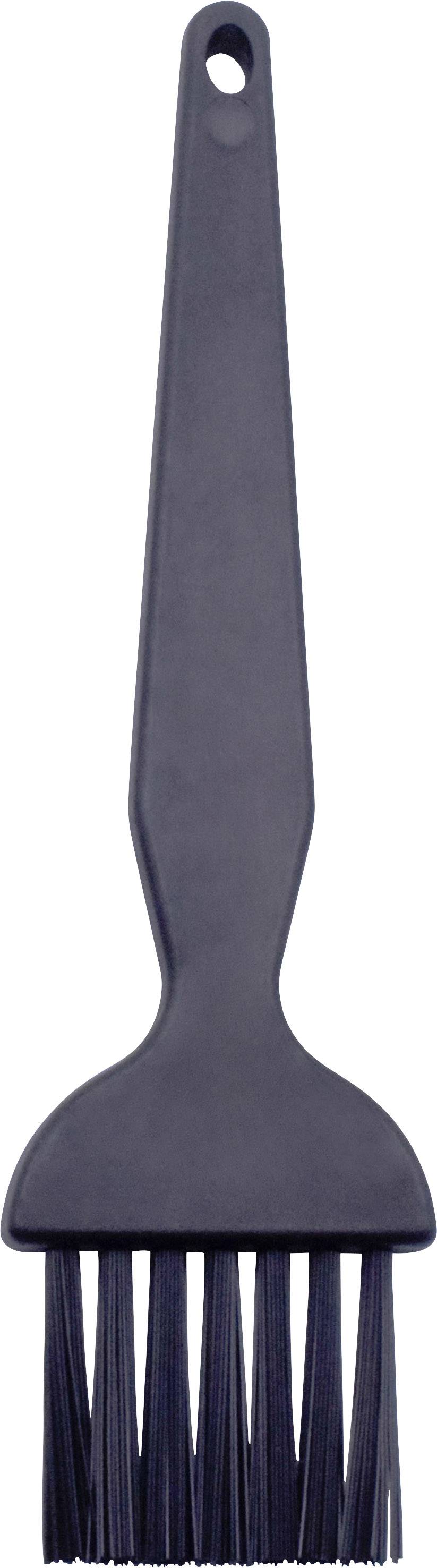 A black kitchen brush with tapered bristles and a hole in the handle for hanging.