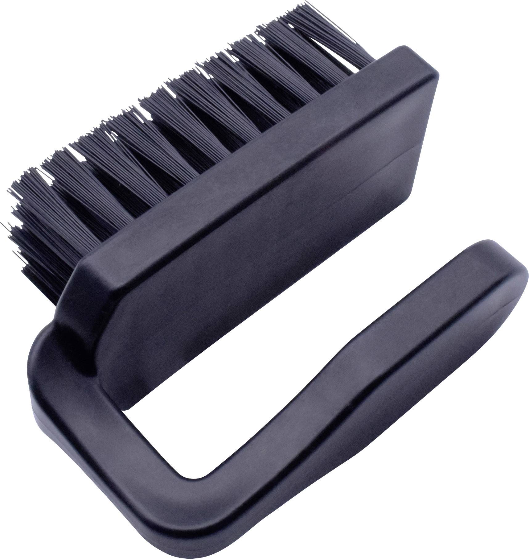 Black shoe brush with dense bristle head and ergonomic handle for cleaning shoes.