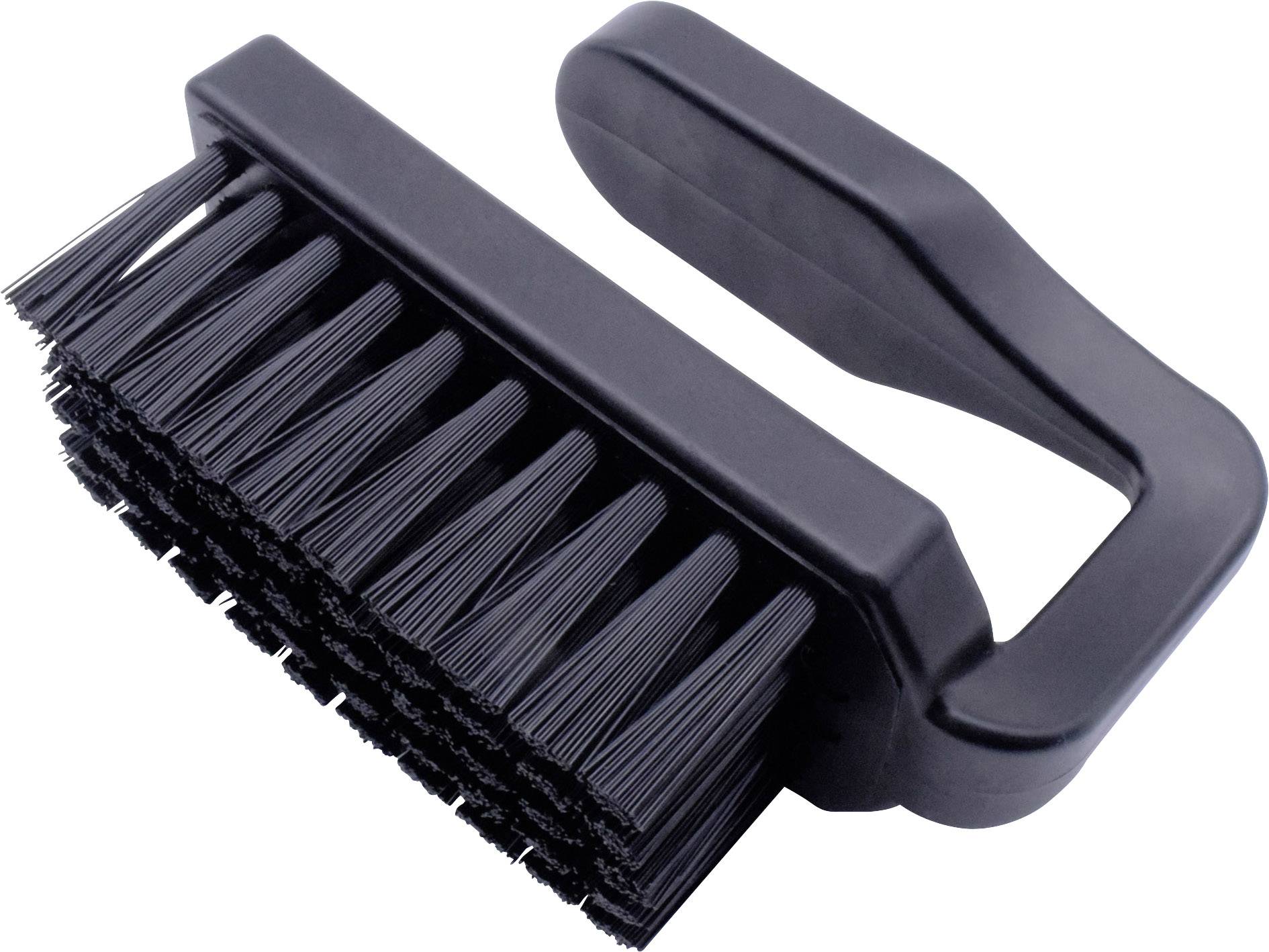 Black grill brush with plastic handle and dense bristles. Suitable for cleaning barbecue grates.