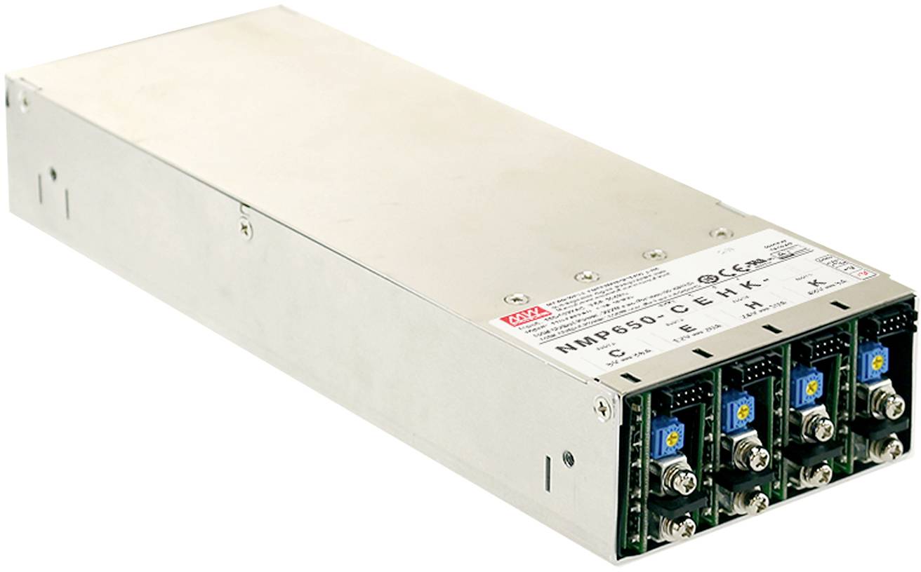 A metal enclosure of a modular power supply with multiple ports on the front panel, suitable for industrial applications.