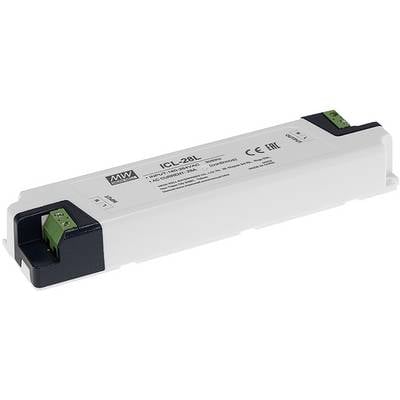 A white elongated electronic driver with black end caps, labelled 'ICL-28L'. Suitable for powering LED devices.