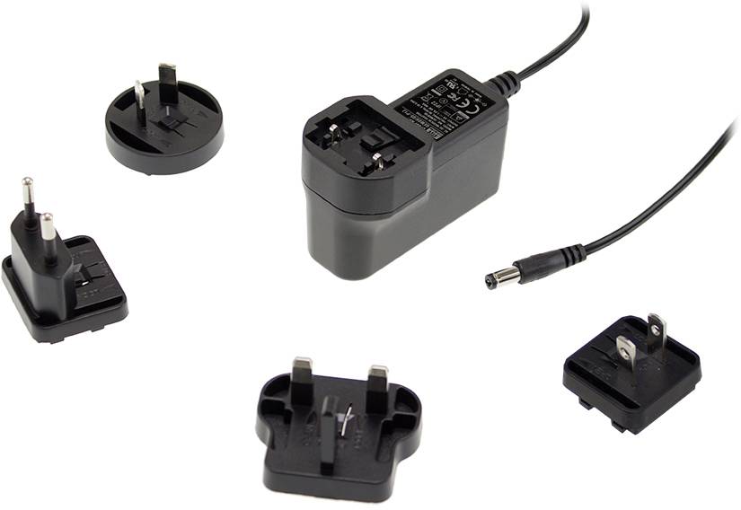 Power supply with interchangeable plug adapters for different socket types.