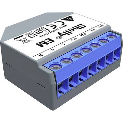 Electrical connection block with six terminals, with connection labels 'N', 'L', and 'O'. Label at the top: 'Shelly EM'.