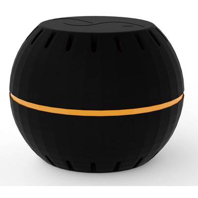 A black, spherical speaker with an orange illuminated stripe around its middle, on a white background.