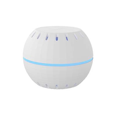 A white, spherical air purifier with blue illuminated elements in the centre.