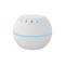 A white, spherical air purifier with blue illuminated elements in the centre.