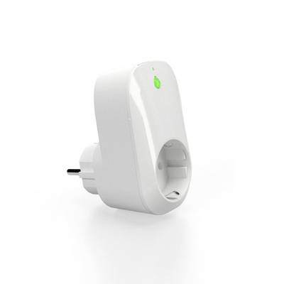 A white, intelligent plug with a green LED indicator. Designed for energy management and remote control of electrical devices.