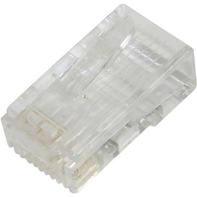 A transparent RJ45 plug for network cables, shown from the side, reveals the opening for cable cores and the plastic clip.