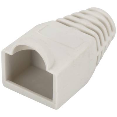 Beige RJ45 protective plug with a ribbed surface shows a hollow rectangular opening for cable connection.