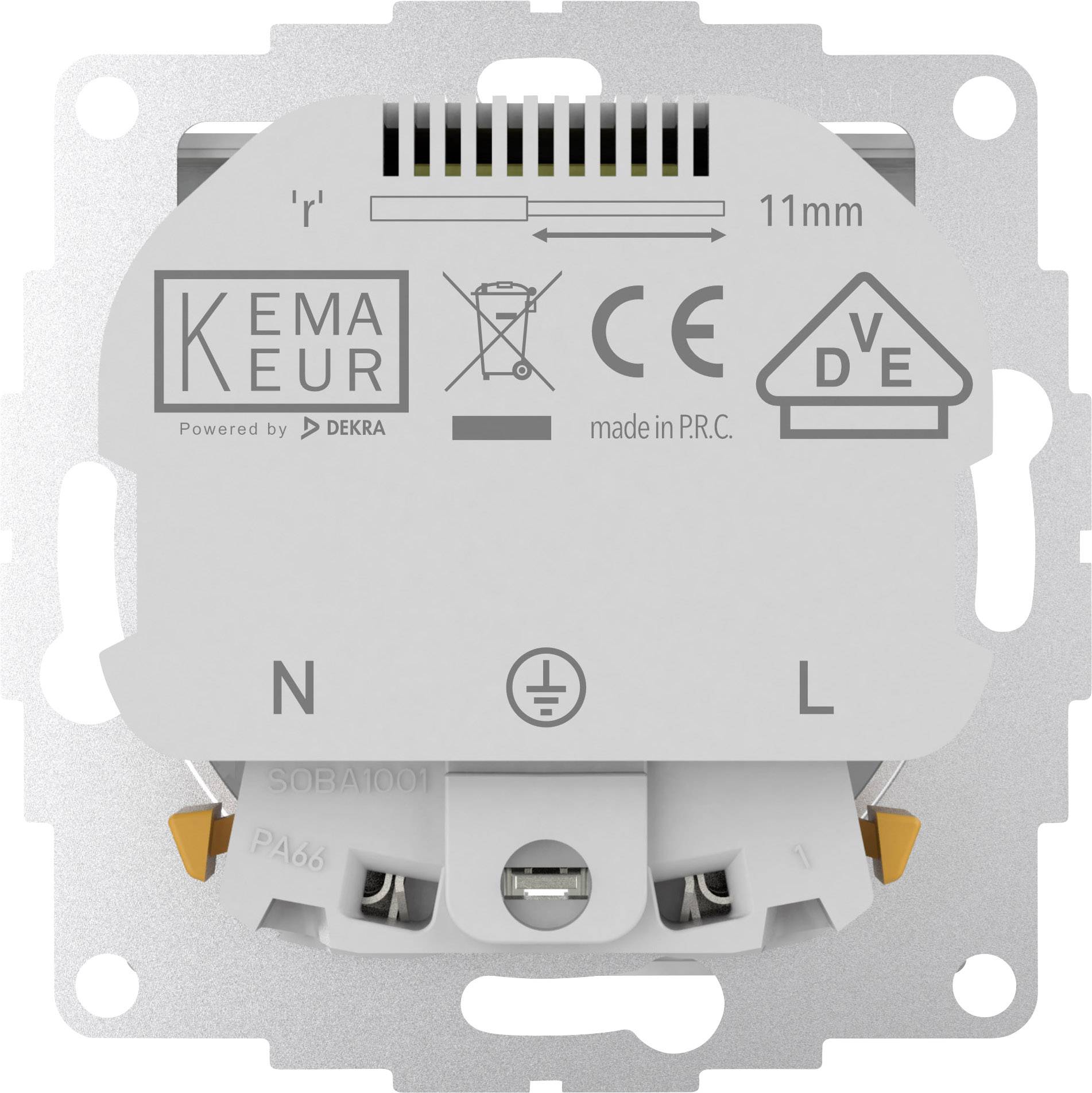 White electrical socket with earthing, brand logo 'KEMAEUR', CE marking, and symbols for electrical and safety standards.