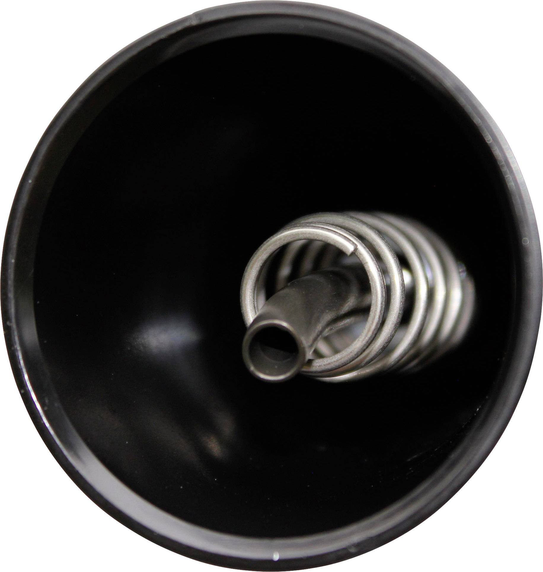A black funnel with a silver spiral inside, presumably a tool part or component.