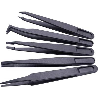 Five black tweezers in various shapes are lying side by side.