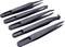Five black plastic tweezers arranged in a fan. Each has a different tip shape for various applications.
