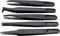 Five black tweezers with different tip shapes, lying side by side.