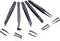 Five different black tweezers are lying side by side. Small circles show close-up views of their tips. They are intended for precise work.