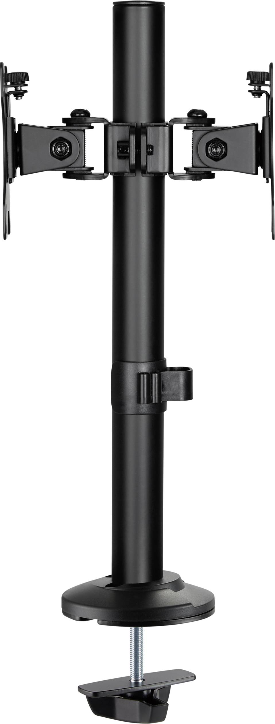 A black monitor stand with two arms that can be mounted on the left and right. The stand is suitable for desk attachment.