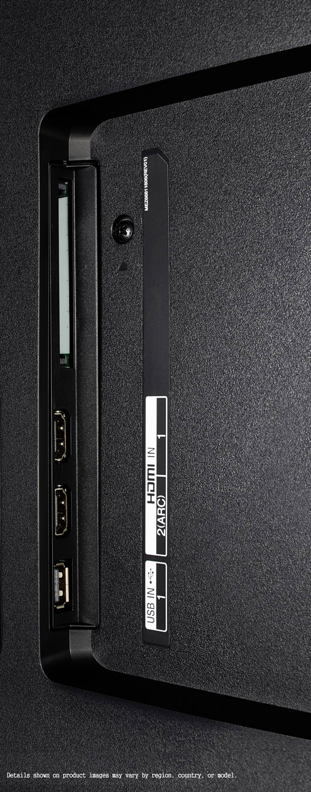 Close-up of a television's ports, including two HDMI ports and a USB port, next to a model designation.