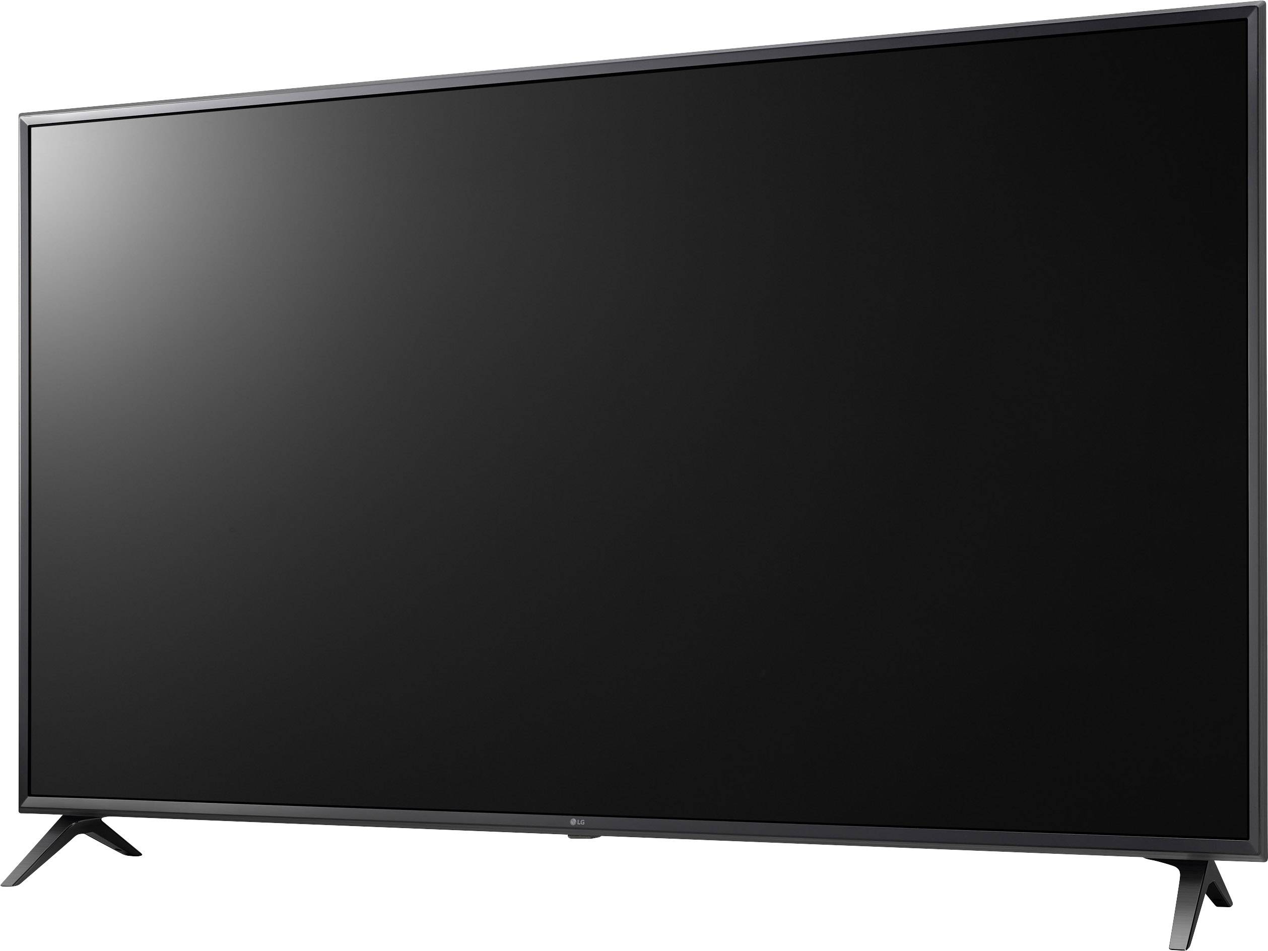 Flat television with a black screen, two stand legs, and a slim bezel.