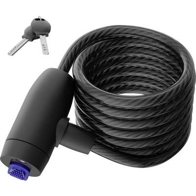 A black spiral cable lock with two keys. Ideal for securing bicycles.