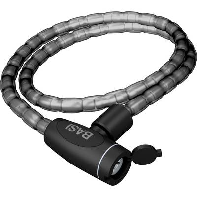 A coiled black bike lock labeled 'BASI' with a protective cover over the keyhole.