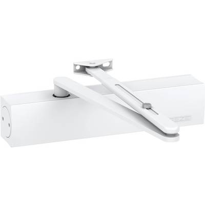 A white metal door closer with a lever arm and housing, showing a mechanical device for automatic door closure.