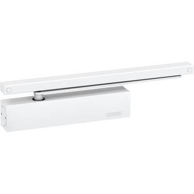Door closing mechanism with a rectangular body and horizontal arm, predominantly in white.