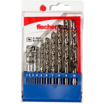 Packaged Fischer drill bit set with 10 metal bits in a clear plastic case, labeled 'D-HSS-G' and 'Ø 1-10 mm'.