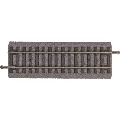 A piece of model railway track with two metal rails on a brown, textured surface, suitable for scale model trains.
