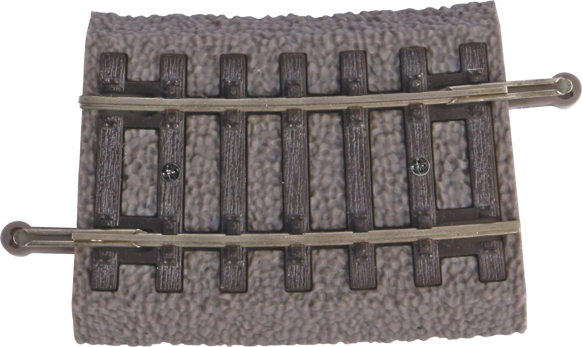 A short piece of model railway track with a brown, stone-like base. It is straight and has two metal rails.