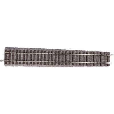 A section of model railway track with brown wood grain texture, metal rails, on a grey background, suitable for model making.