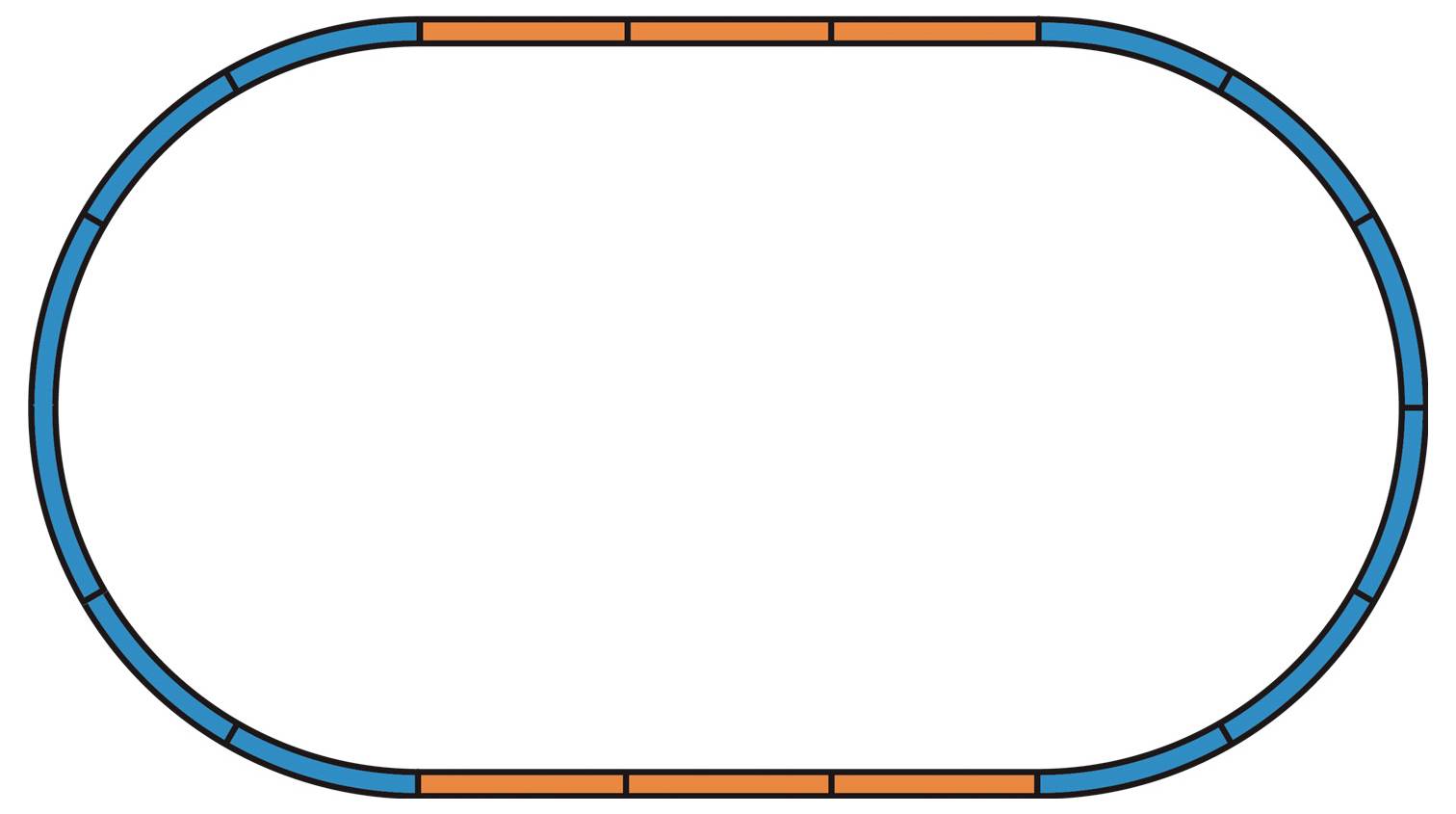 Oval racetrack made of blue lines, interrupted by short orange sections, on a white background.