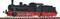 Steam locomotive on tracks, black with red details, side view. Historic design with distinctive chimney and boiler.