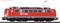 Red model of a DB Cargo locomotive of the Class 140 with a side pantograph on rails, depicted against a white background.