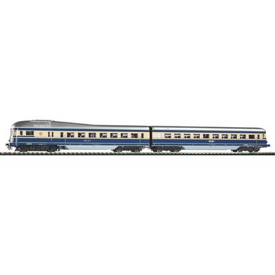A model train in a vintage style with blue and beige carriages on a railway track, presented from a side view.