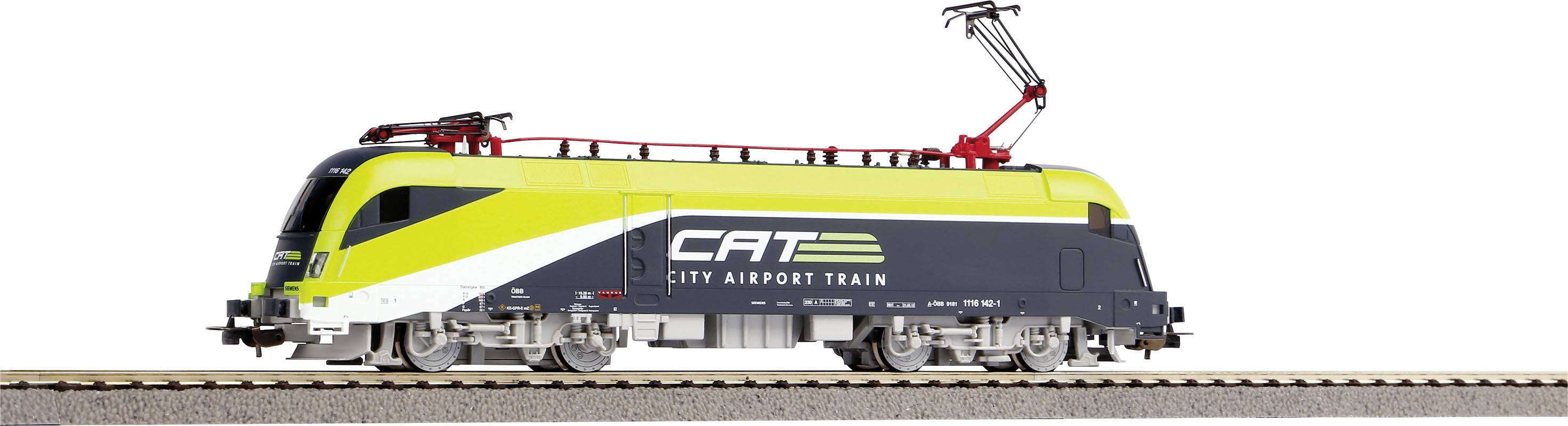 A yellow-green City Airport Train viewed from the left, positioned on a railway track, with the 'CAT' inscription.