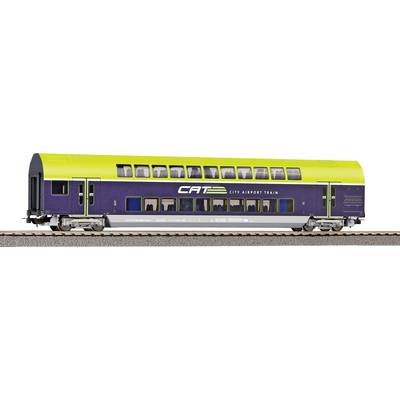 Double-decker carriage of the 'CAT - City Airport Train' with blue-green paintwork, standing on railway tracks.
