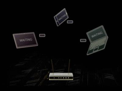 Router with three connected devices, all with the 'WAITING' status. Left a tablet, top a smartphone, right a laptop. Dark background.
